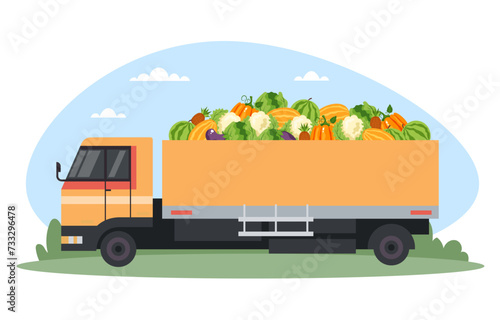 Car machine full of vegetables fruit. Farm agriculture summer time. Vector design flat graphic cartoon illustration