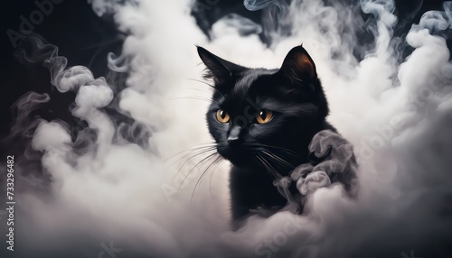 Majestic black cat in mystical fog