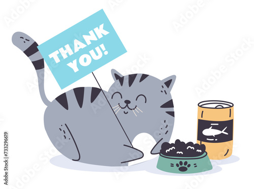 Happy pet character hold plate with thank you words. Vector flat cartoon illustration