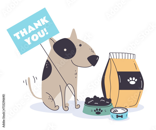 Happy pet character hold plate with thank you words. Vector flat cartoon illustration