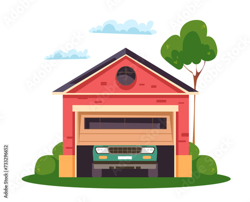 Car garage door parking automotive transport concept. Vector flat graphic design illustration