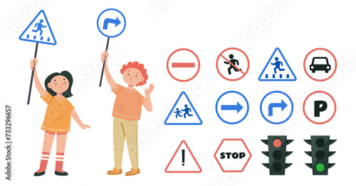 Children character with road sign cartoon isolated set. Vector design graphic illustration