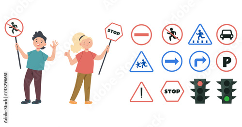 Children character with road sign cartoon isolated set. Vector design graphic illustration