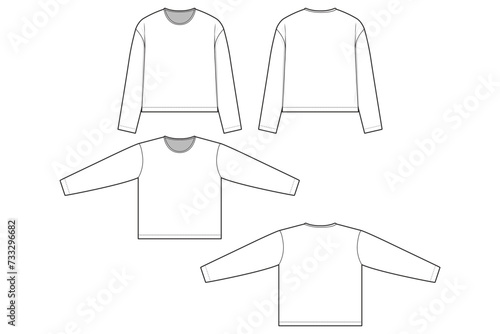 Regular fit t-shirt flat technical drawing illustration long sleeve blank streetwear mock-up template for design and tech packs men or unisex (ID: 733296682)