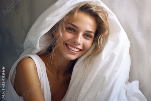 Radiant Woman Smiling Warmly in Soft White Towel