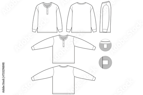 henley Regular fit t-shirt flat technical drawing illustration long sleeve blank streetwear mock-up template for design and tech packs men or unisex (ID: 733296848)