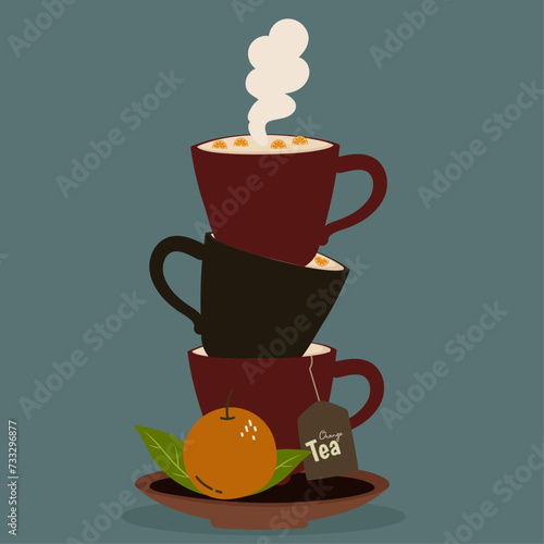 Flat Design Illustration with Three Cups Tea with Orange Taste