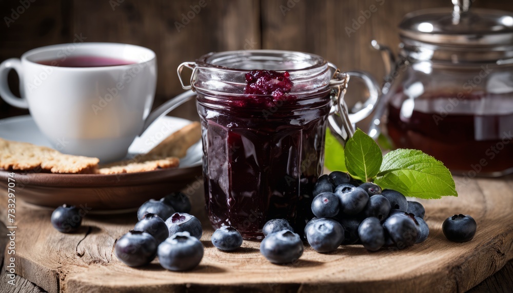 A jar of blueberries and a cup of coffee on a table