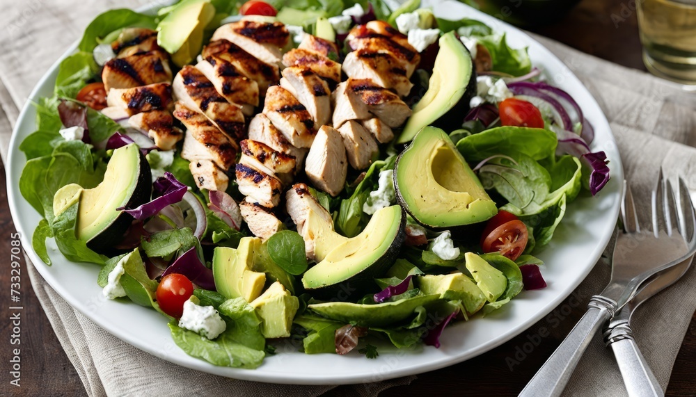 A plate of grilled chicken and avocado salad