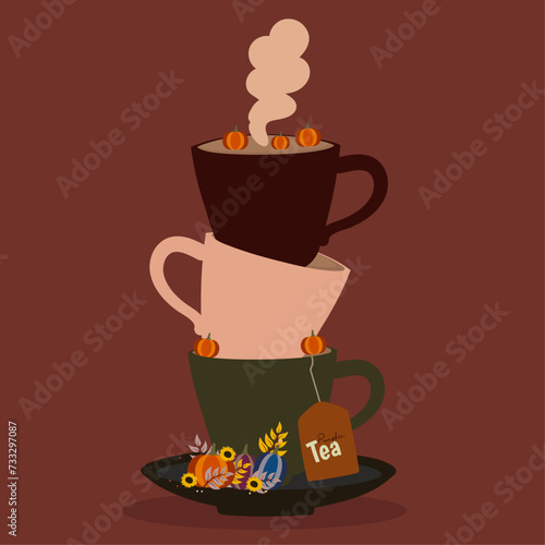 Flat Design Illustration with Three Cups Tea with Pumpkin Taste