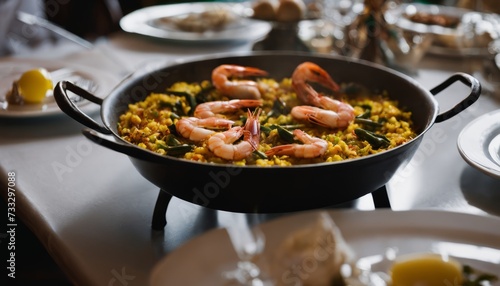 A black pan full of shrimp and rice