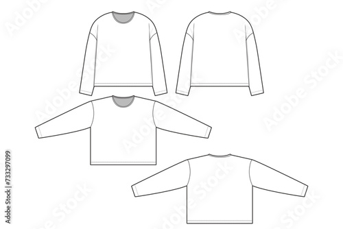 cropped oversized fit t-shirt flat technical drawing illustration long sleeve blank streetwear mock-up template for design and tech packs men or unisex (ID: 733297099)