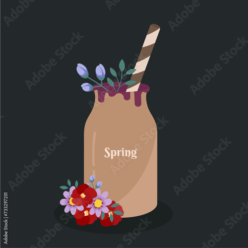 Flat Design Illustration with Flowers Drink a Bottle