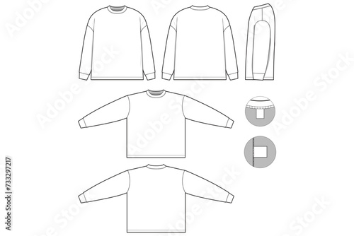oversized fit t-shirt flat technical drawing illustration long sleeve blank streetwear mock-up template for design and tech packs men or unisex (ID: 733297217)