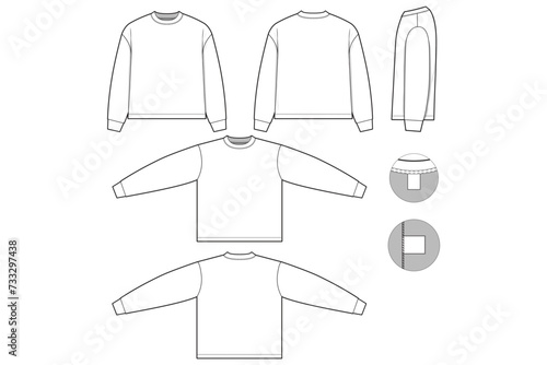 Regular fit t-shirt flat technical drawing illustration long sleeve blank streetwear mock-up template for design and tech packs men or unisex (ID: 733297438)