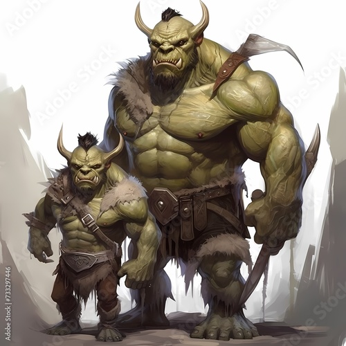 Fantastical Ogre Characters Displaying Strength and Companionship in a Mystical Setting photo