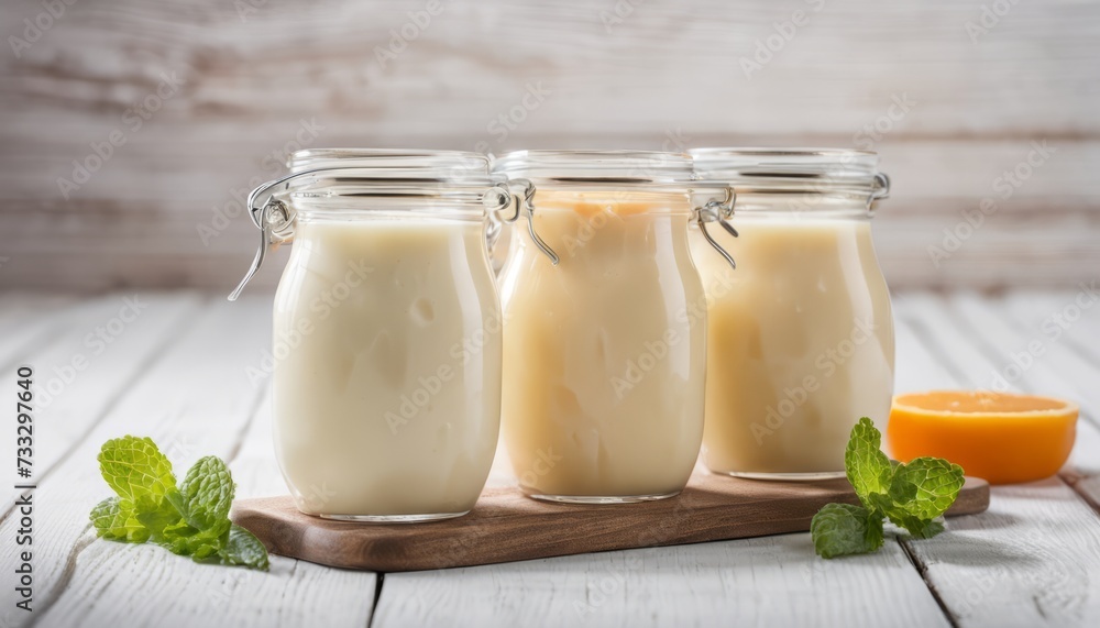 Three jars of milk with a slice of orange on the side Three jars of milk with a slice of orange on the side