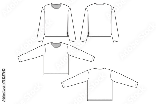 t-shirt flat technical drawing illustration long sleeve blank streetwear mock-up template for design and tech packs men or unisex (ID: 733297647)