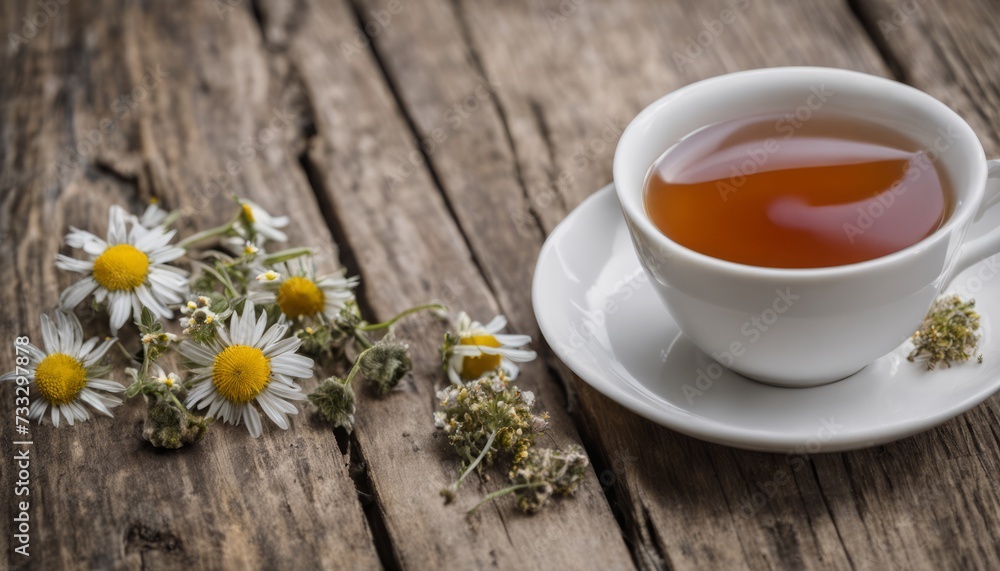 A cup of tea with a spoon and a plate of flowers A cup of tea with a spoon and a plate of flowers