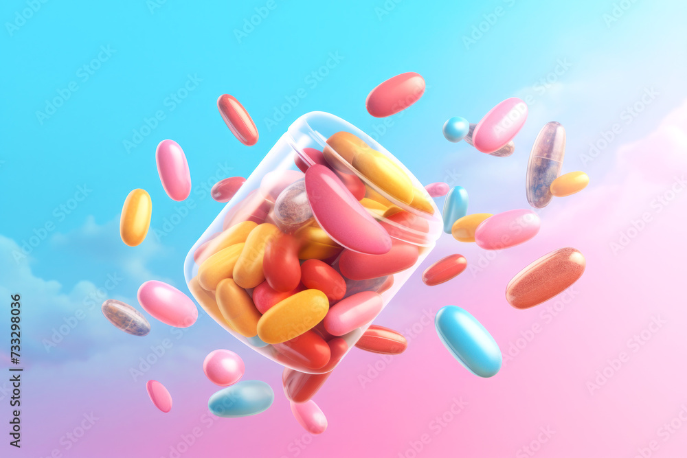 Colorful bright pills fly out of a glass jar. Generated by AI.