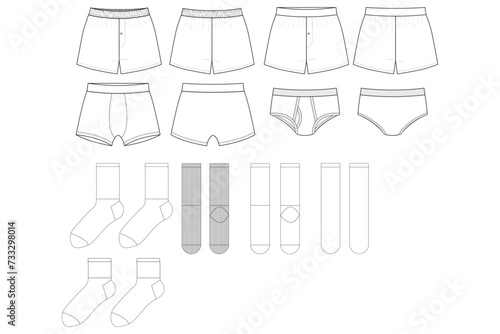 undergarments and socks mens boxers briefs flat technical drawing illustration mock-up template for design and tech packs men or unisex fashion CAD streetwear women workwear utility