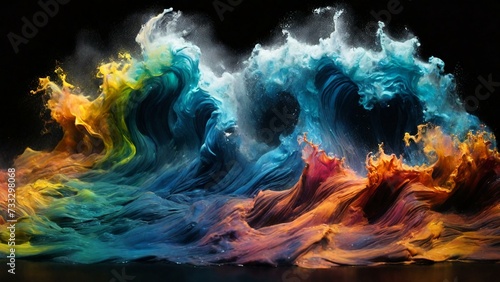 Ocean wave created by colored powder in black background