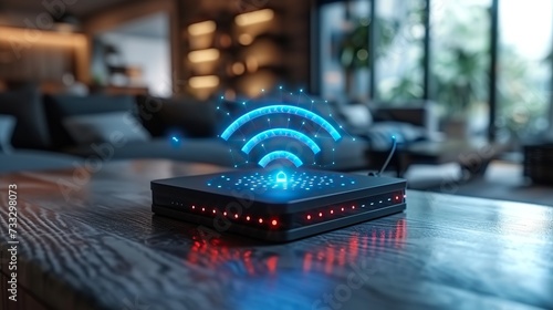 A WiFi router emitting signals against the backdrop of a room