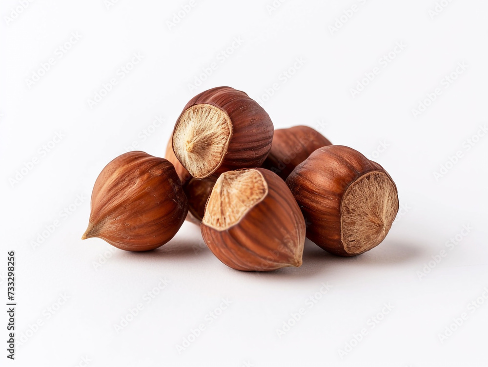 Hazelnuts are isolated on a white background in a minimalist style. Studio photography. Hazelnuts are isolated on a white background in a minimalist style. Studio photography.