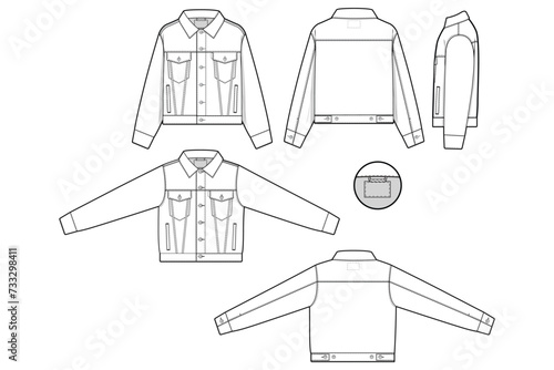 unisex cropped denim jean jacket trucker vector flat technical drawing illustration mock-up template for design and tech packs fashion CAD streetwear fashion brand design resource file