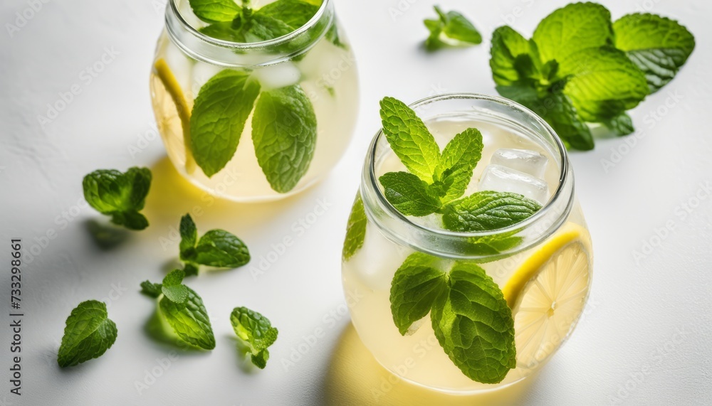 Fototapeta premium Two glasses of lemonade with lemon slices and mint leaves