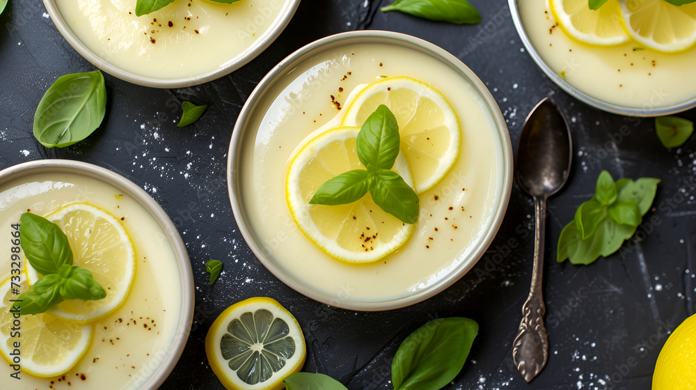Lemon-infused cream in ceramic dishes, garnished with basil and lemon rounds on a slate background Lemon-infused cream in ceramic dishes, garnished with basil and lemon rounds on a slate background