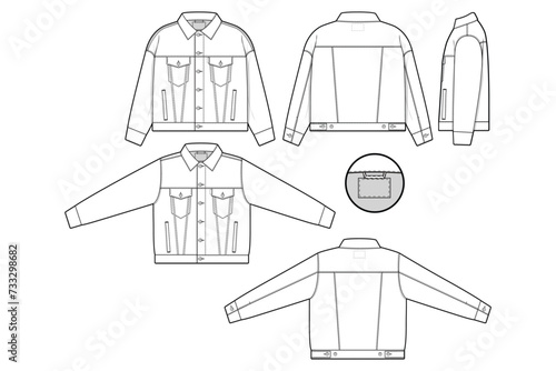 unisex oversized fit denim jean jacket trucker vector flat technical drawing illustration mock-up template for design and tech packs fashion CAD streetwear fashion brand design resource file
