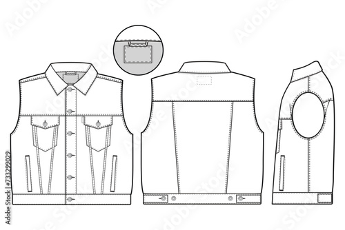  unisex Oversized denim jean jacket vest cutoff sleeveless Collared Flat Technical Drawing Illustration Blank Mock-up Template for Design and Tech Packs CAD Technical Sketch baggy photo