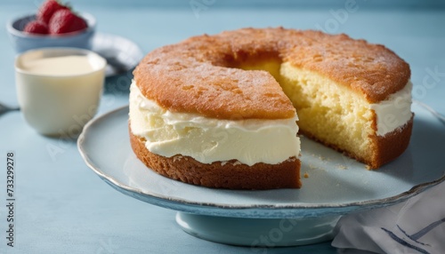 A slice of cake with white frosting on a plate