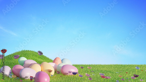 easter eggs on a meadow colorful flowers on green grass blue sky background 3D rendering