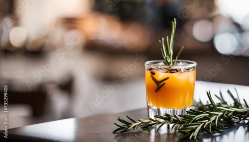 A glass of orange juice with a sprig of rosemary on a table