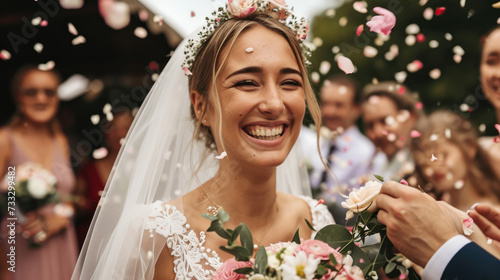 During the wedding ceremony, the happy bride is showered with rose petals.