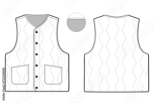 military liner quilted zip vest flat technical drawing illustration mock-up template for design and tech packs men or unisex fashion CAD streetwear women workwear utility