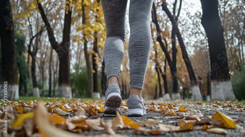 A woman runs in the park through autumn leaves.