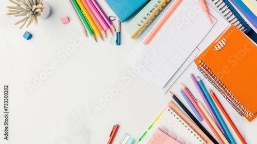 Top-down view of an organized desk featuring school supplies, promoting mental well-being and efficient study habits, Study learning space with educational tools, a calm educational environment