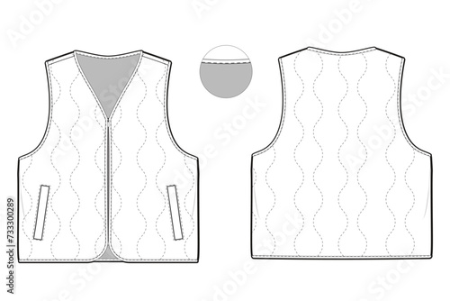 military liner quilted zip vest flat technical drawing illustration mock-up template for design and tech packs men or unisex fashion CAD streetwear women workwear utility