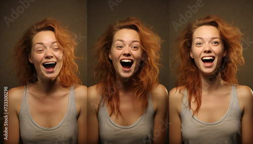 A strip of photobooth pictures of a laughing young female putting on diffferent face expressions photo