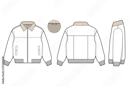 b-15 bomber jacket sherpa collar flat technical drawing illustration mock-up template for design and tech packs men or unisex fashion CAD streetwear women workwear utility