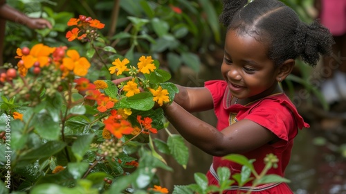 Little Girl Picking Flowers From a Bush