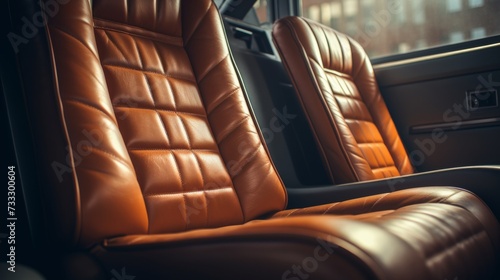Close-up of premium leather car seats with luxury detailing in an elegant vehicle interior. © pkproject