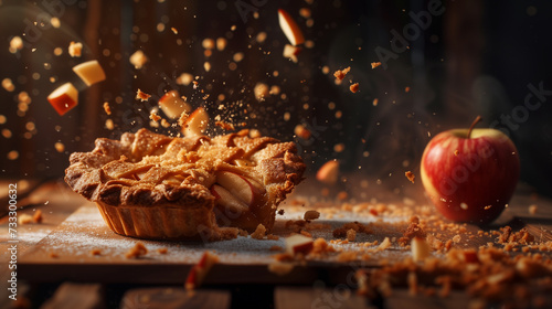 Freshly Baked Apple Pie with Dynamic Crust Explosion and Whole Apple on Wooden Surface photo