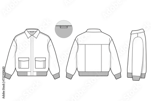 collared flight bomber jacket flat technical drawing illustration mock-up template for design and tech packs men or unisex fashion CAD streetwear women workwear utility