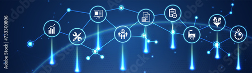 Operations management vector illustration. Blue concept related to organization, project planning and strategy, material flow, input and output