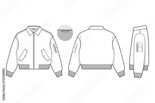 cropped collared flight bomber jacket flat technical drawing illustration mock-up template for design and tech packs men or unisex fashion CAD streetwear women workwear utility