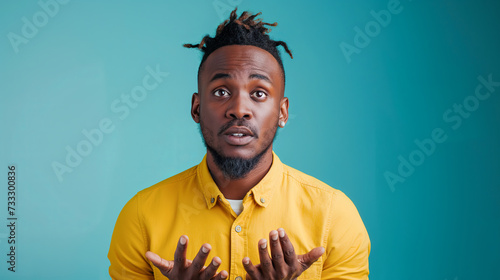 Young African American man in yellow shirt looking surprised and holding his hands photo